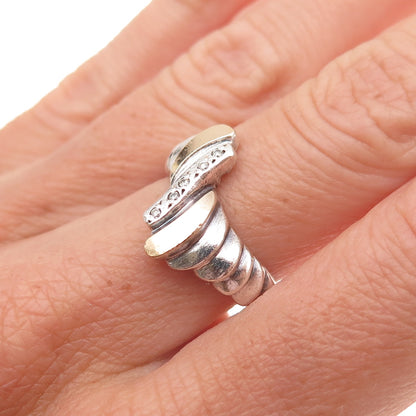 925 Sterling Silver 14K Gold Vintage Round-Cut C Z Modernist Ring Size 6