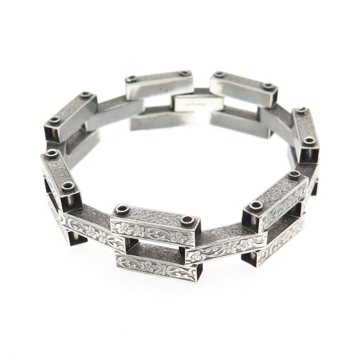 925 Sterling Silver Antique Art Deco Forget Me Not Oxidized Bracelet 7"