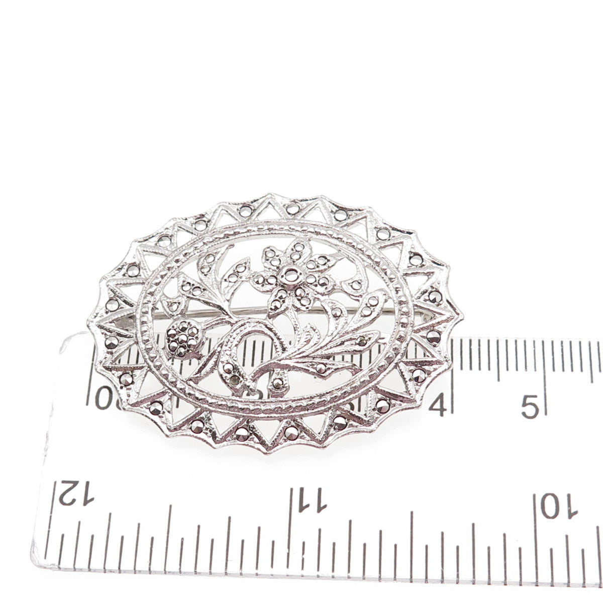 925 Sterling Silver Antique Art Deco Marcasite Flower Brooch (missing 1 stone)
