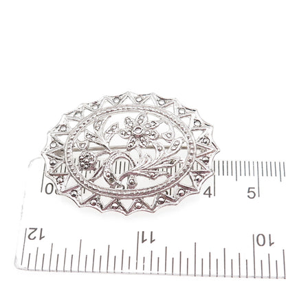 925 Sterling Silver Antique Art Deco Marcasite Flower Brooch (missing 1 stone)