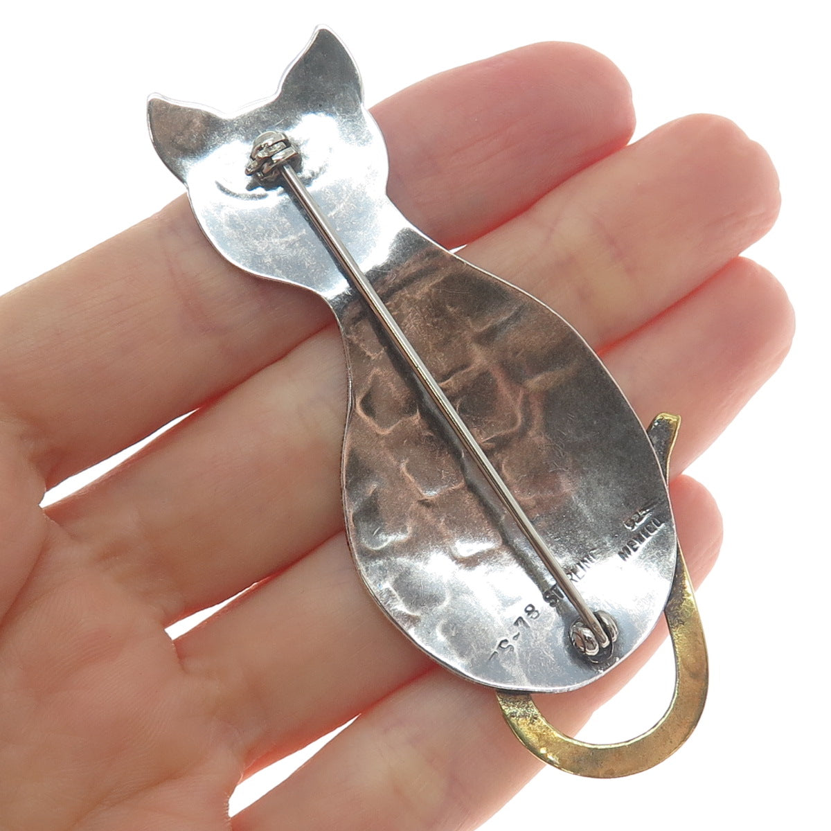 925 Sterling Silver 2-Tone Vintage Mexico Modernist Cat Oxidized Pin Brooch