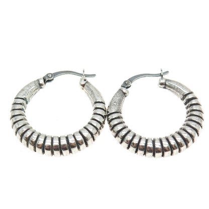 925 Sterling Silver Vintage Ribbed Oxidized Hoop Earrings