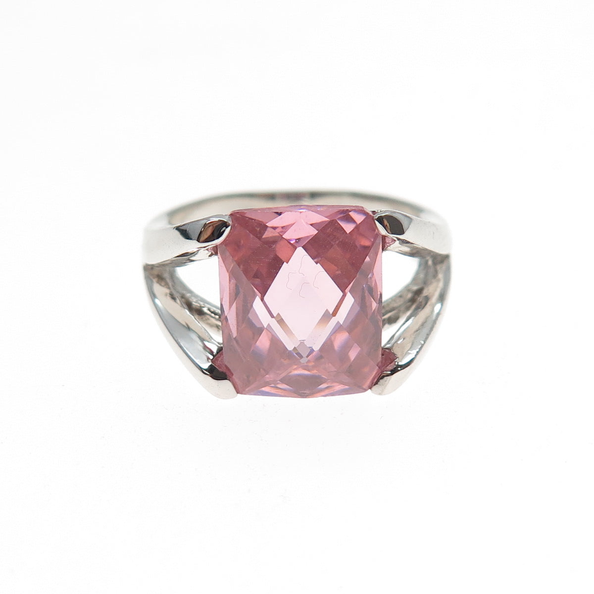 925 Sterling Silver Radiant-Cut Pink C Z Modernist Ring Size 5.25