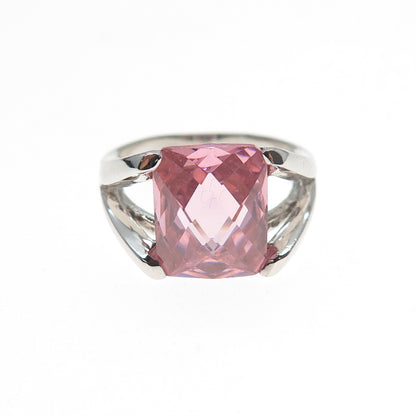 925 Sterling Silver Radiant-Cut Pink C Z Modernist Ring Size 5.25