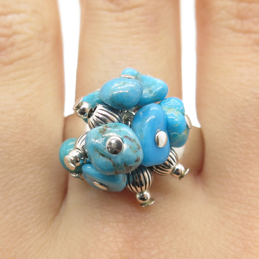 SHUBE 925 Sterling Silver Vintage Real Bisbee Turquoise Beads Ring Size 10.25