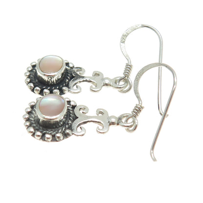 925 Sterling Silver Vintage Real Mother-of-Pearl Boho Dangle Hook Earrings