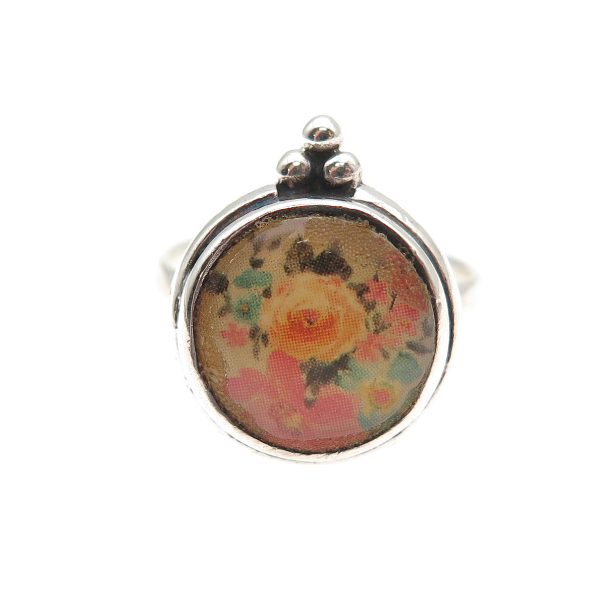 925 Sterling Silver Vintage Enamel Rose Flower Ring Size 5.75