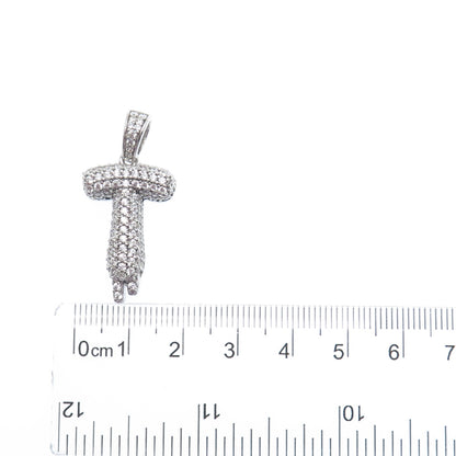 925 Sterling Silver Round-Cut C Z Sparkle Melted Letter T Initial Charm Pendant