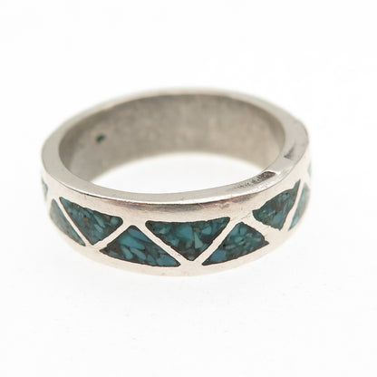 Old Pawn 925 Sterling Silver Vintage Turquoise Inlay Tribal Band Ring Size 6.25