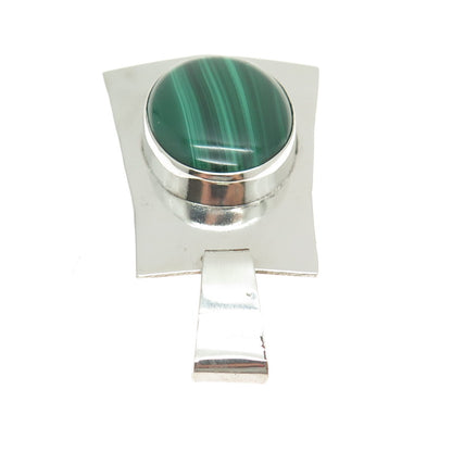 M. KAYE 925 Sterling Silver Vintage Real Cabochon Malachite Modernist Pendant
