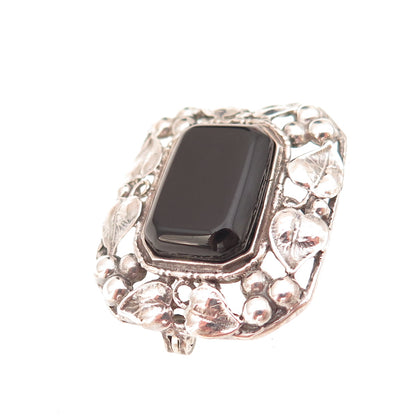925 Sterling Silver Vintage Real Black Onyx Floral Oxidized Pin Brooch