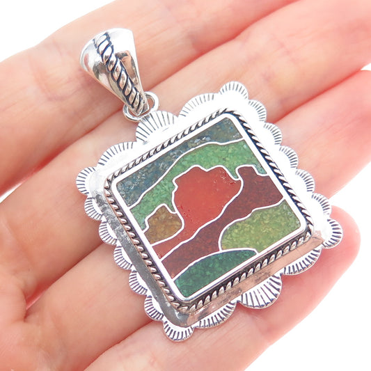 CAROLYN POLLACK 925 Sterling Vintage Turquoise Lapis Coral Jasper Inlay Pendant