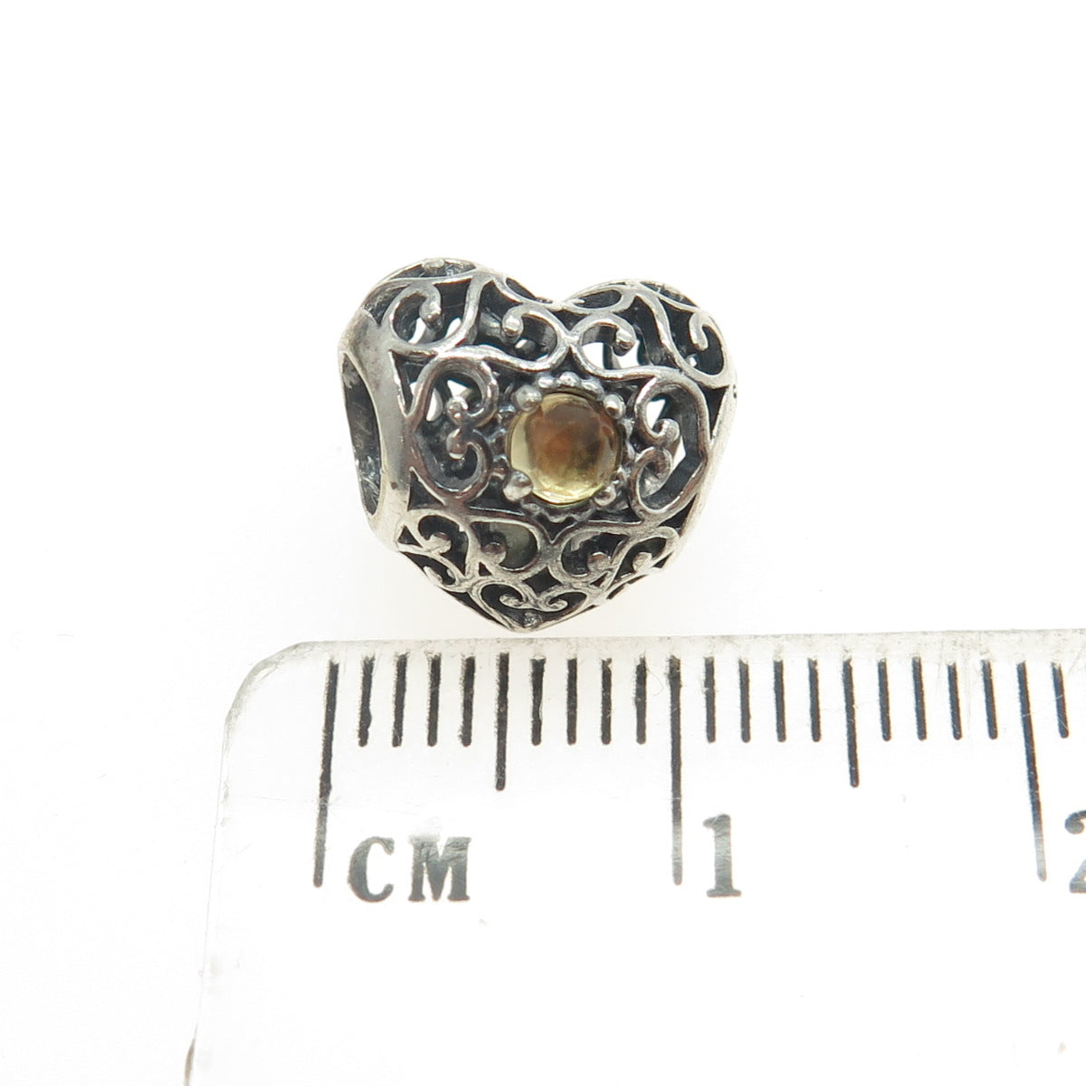 PANDORA 925 Sterling Silver Real Citrine Gemstone Ornate Heart Bead Charm