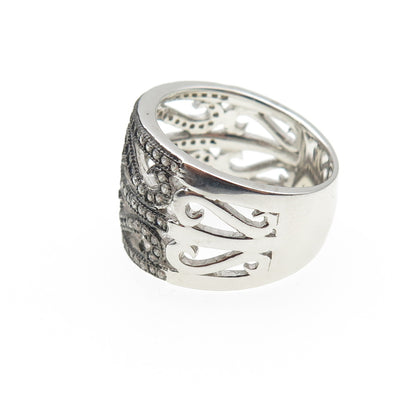 925 Sterling Silver 2-Tone Black Rhodium Round-Cut C Z Heart Ring Size 7