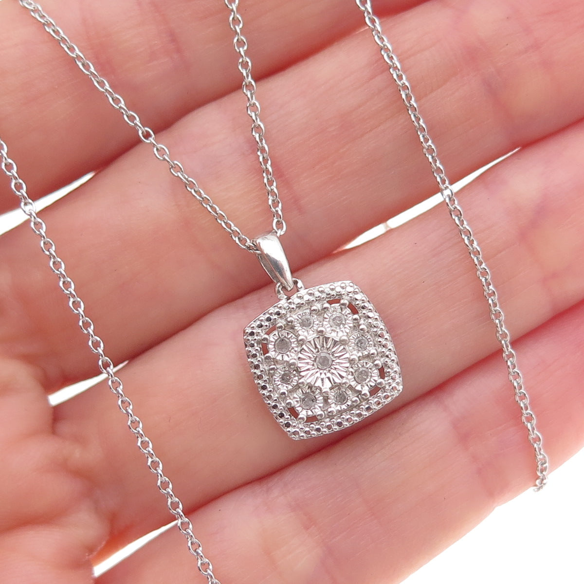 925 Sterling Silver Italy Real Round-Cut Diamond Cable Chain Necklace 18"