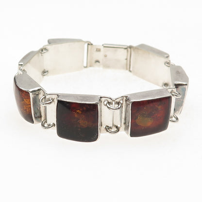 925 Sterling Silver Vintage Poland Real Amber Modernist Oxidized Bracelet 7.25"