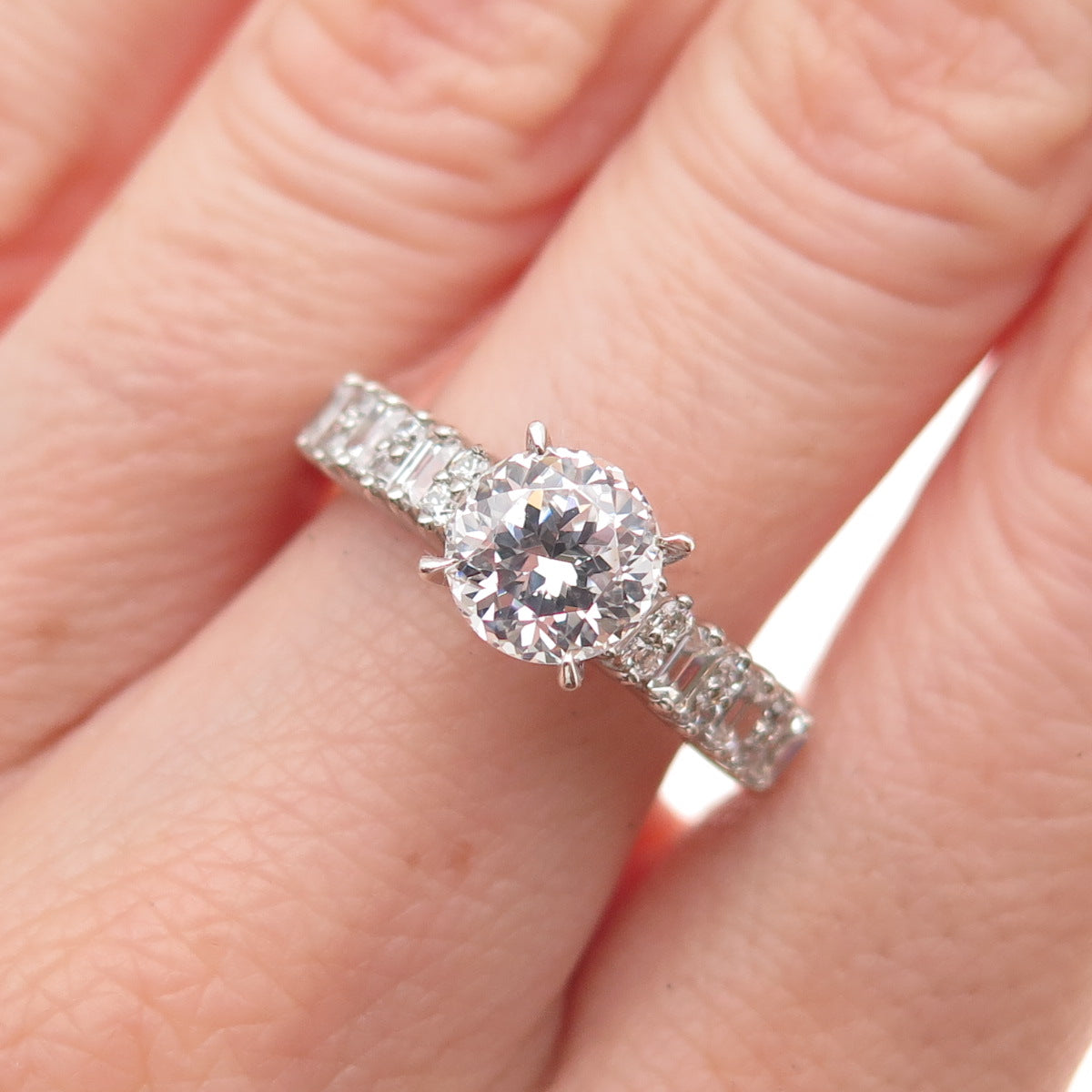 925 Sterling Silver Round & Emerald-Cut C Z Engagement Ring Size 8.25