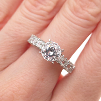 925 Sterling Silver Round & Emerald-Cut C Z Engagement Ring Size 8.25
