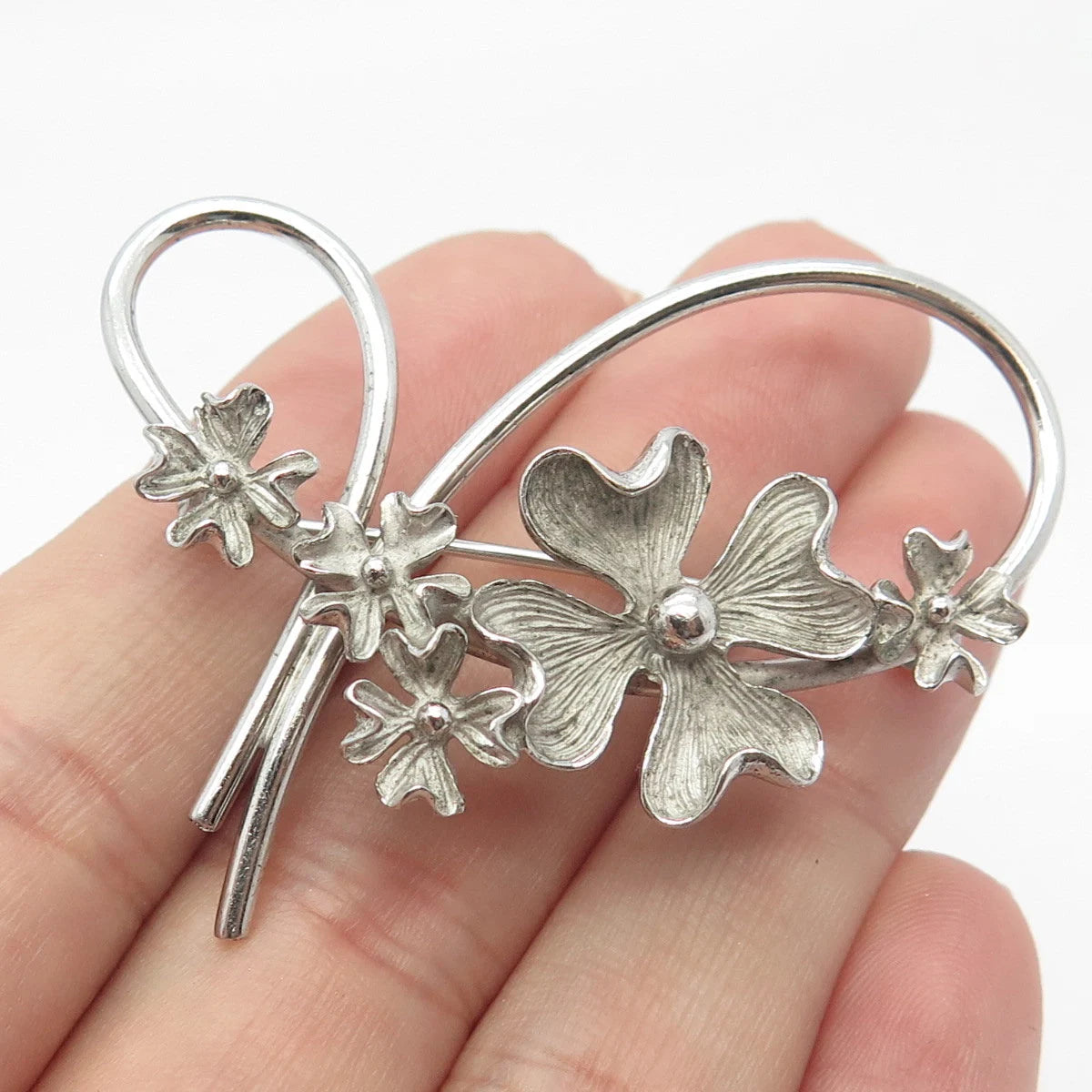 925 Sterling Silver Vintage Beau Floral Pin Brooch