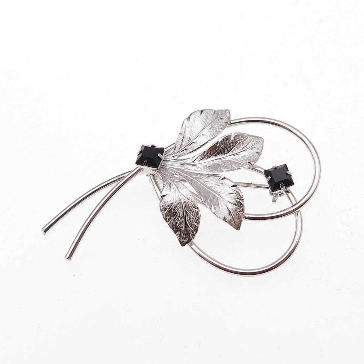 Rolyn 925 Sterling Silver Vintage Black Rhinestone Floral Pin Brooch
