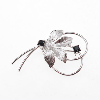 Rolyn 925 Sterling Silver Vintage Black Rhinestone Floral Pin Brooch