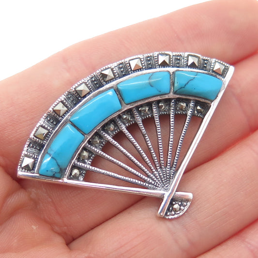 925 Sterling Silver Vintage Real Turquoise & Marcasite Fan Oxidized Pin Brooch