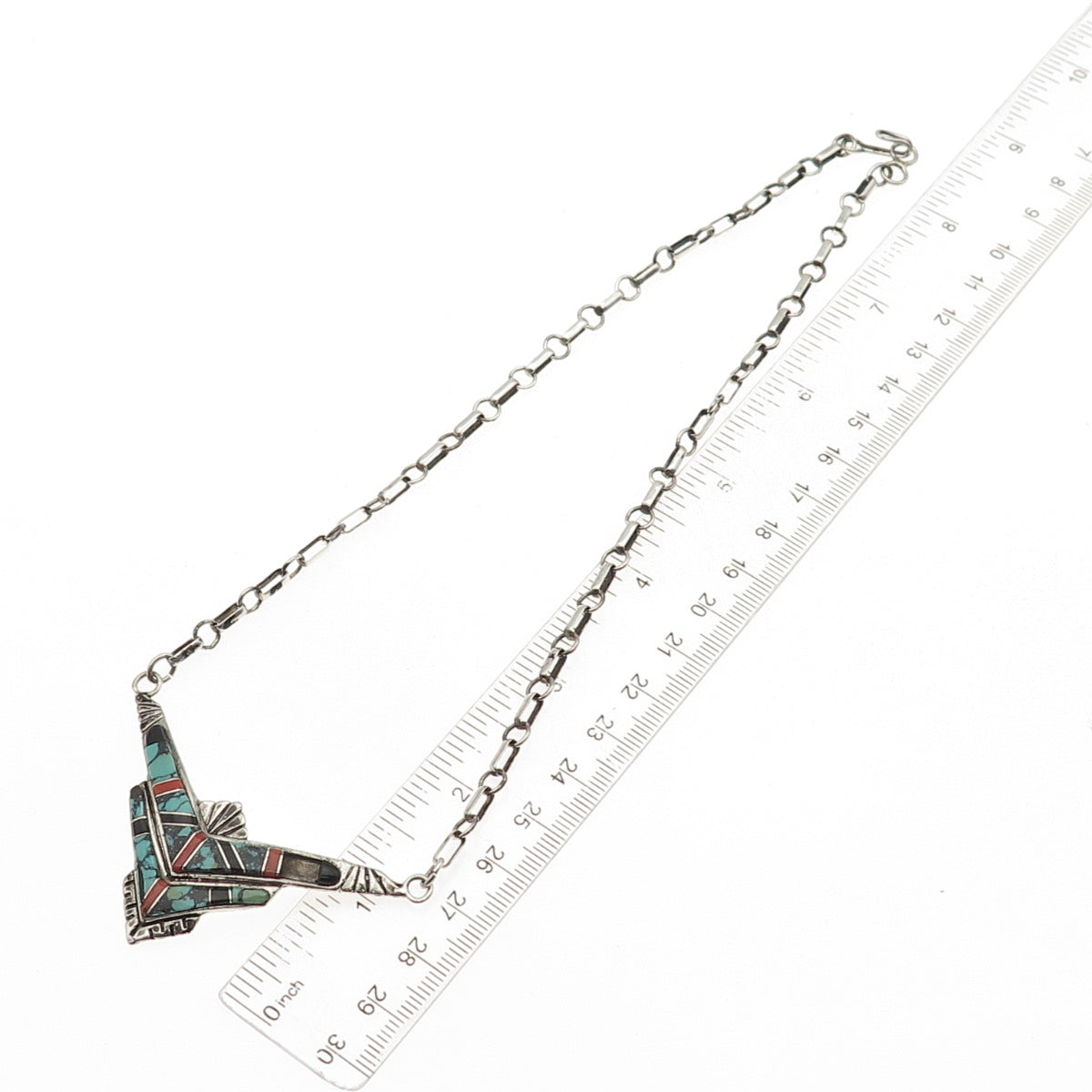 Calvert Lamy Zuni Old Pawn 925 Sterling Multi-Gem Necklace 16" (missing 1 stone)