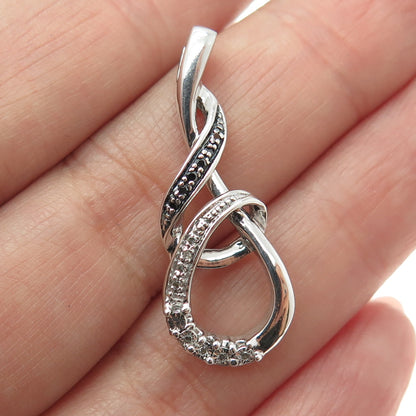 925 Sterling Silver Real Round-Cut Black & White Diamond Twisted Pendant