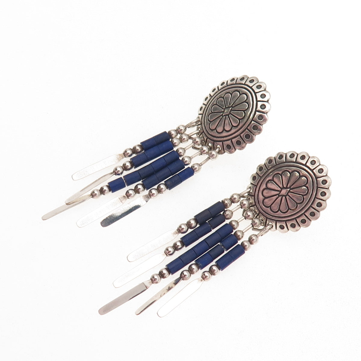 Quoc Turquoise Old Pawn 925 Sterling Silver Vintage Lapis Concho Dangle Earrings