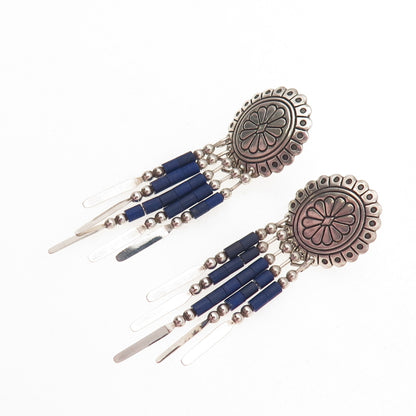 Quoc Turquoise Old Pawn 925 Sterling Silver Vintage Lapis Concho Dangle Earrings
