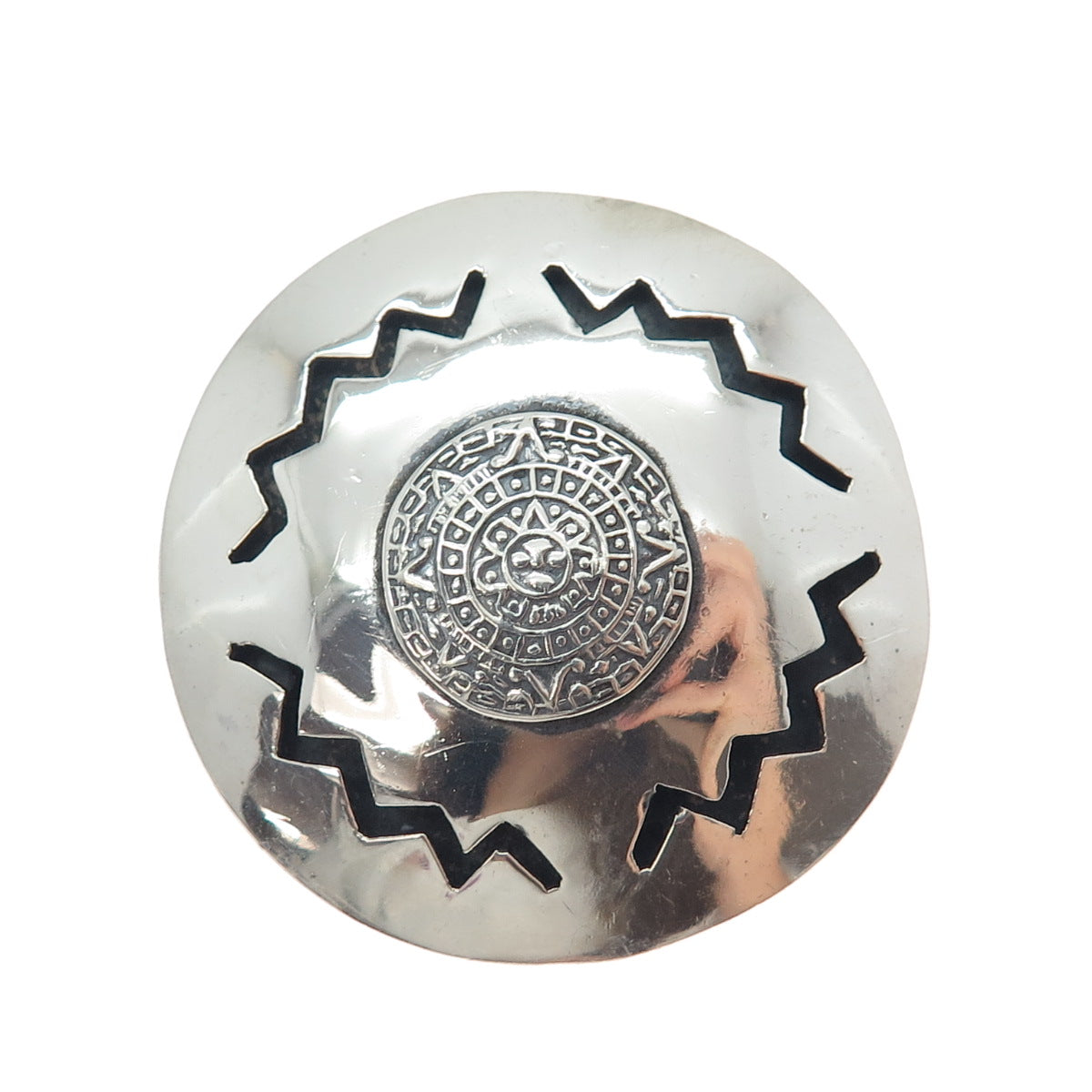 925 Sterling Silver Vintage JS Mexico Mayan Calendar Disc Pin Brooch / Pendant