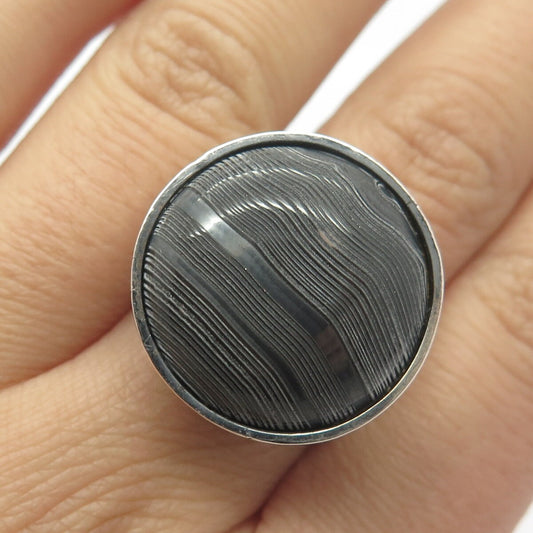 925 Sterling Silver Vintage Real Agate Gem Round Ring Size 10