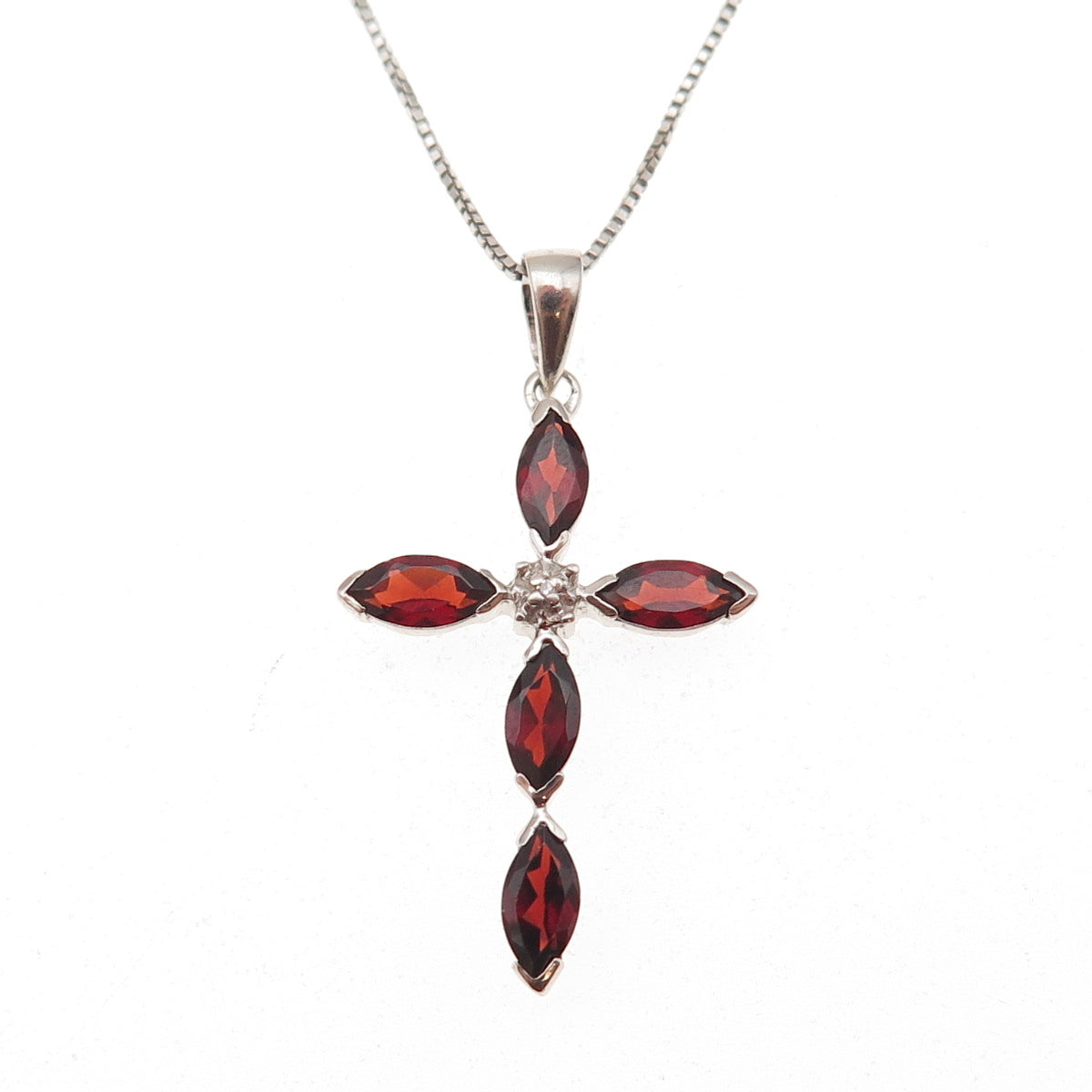 925 Sterling Silver Real Diamond Accent Red Garnet Cross Box Chain Necklace 18"