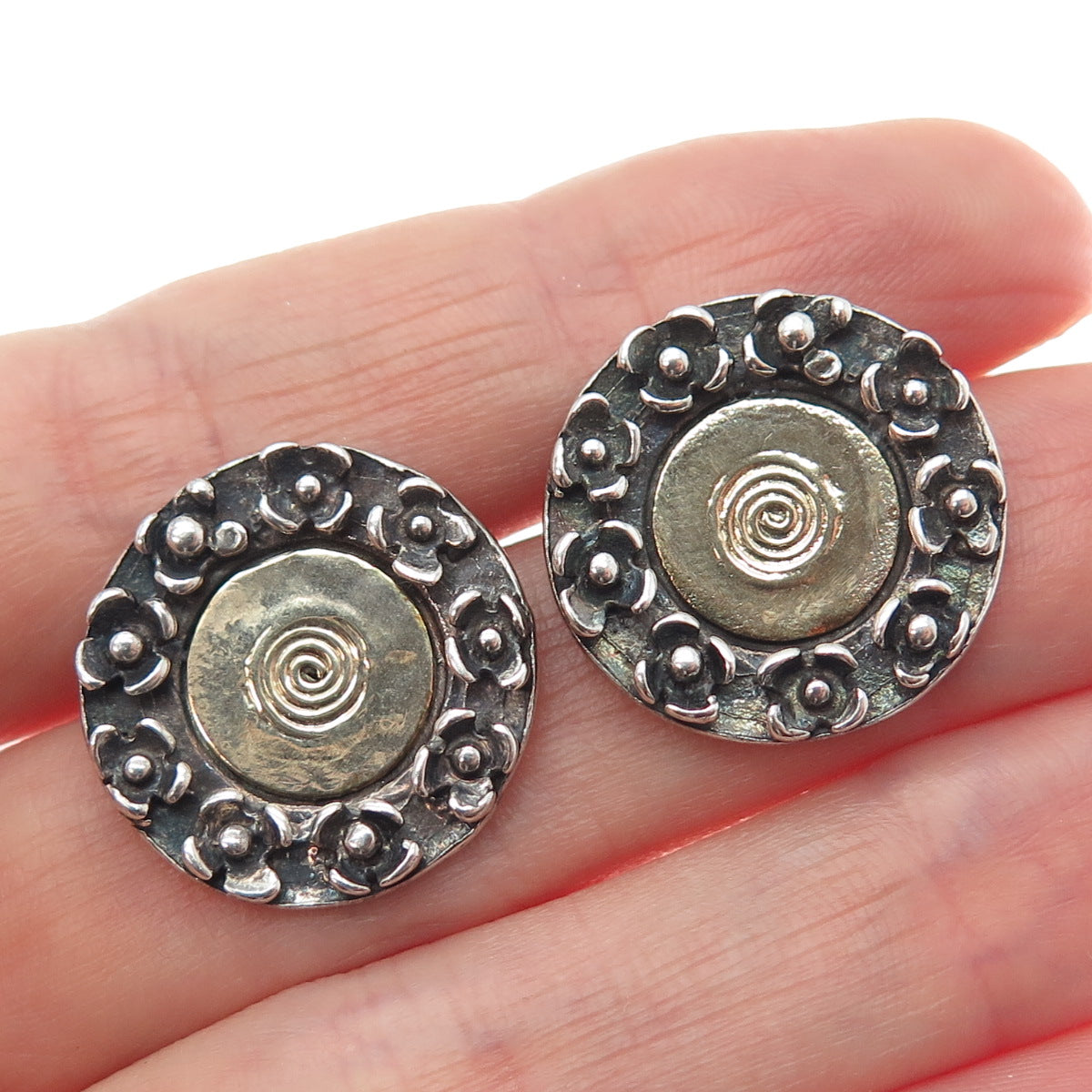 925 Sterling Silver 2-Tone Vintage Modernist Flower Blossom Oxidized Earrings