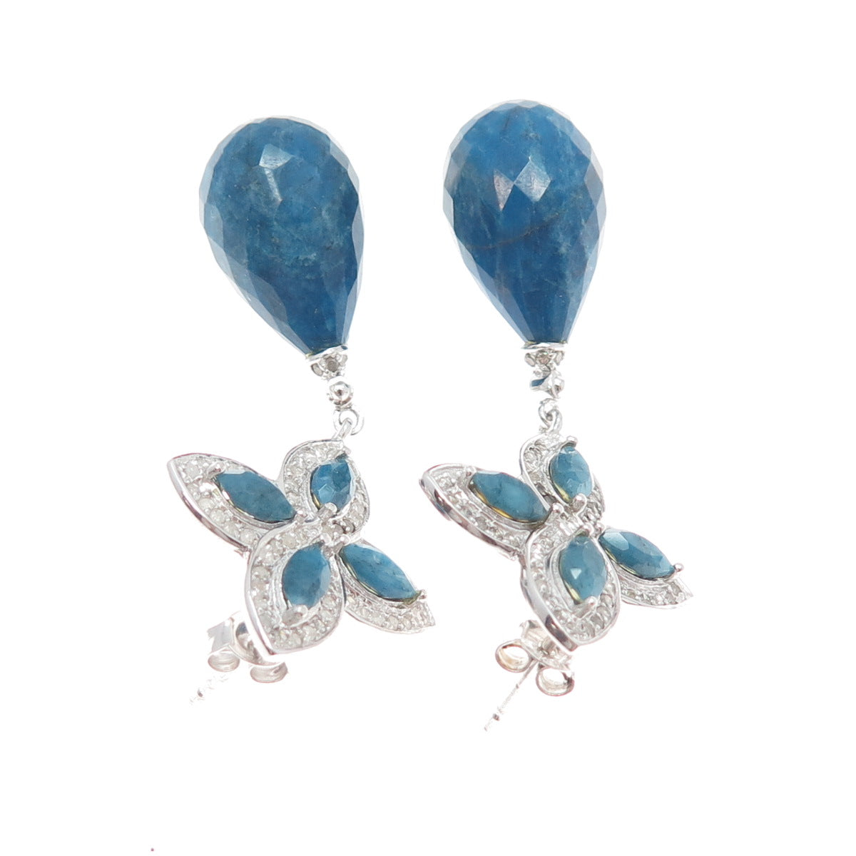 925 Sterling Silver Real Diamond Pear & Marquise-Cut Sapphire Flower Earrings