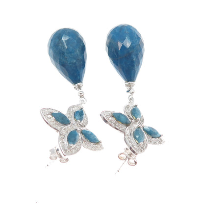 925 Sterling Silver Real Diamond Pear & Marquise-Cut Sapphire Flower Earrings