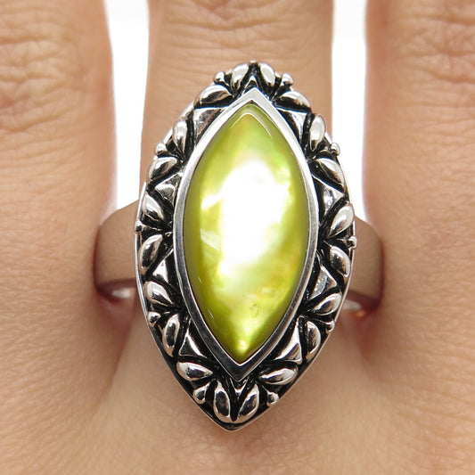 925 Sterling Silver Real Yellow Mother-of-Pearl Statement Ring Size 10.25