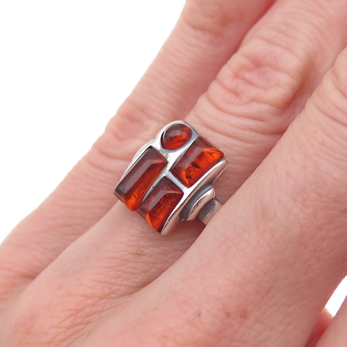 925 Sterling Silver Vintage Real Amber Modernist Oxidized Ring Size 6