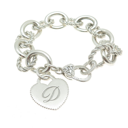JUDITH RIPKA 925 Sterling Silver Italy C Z Letter "D" Heart Tag Bracelet 7"