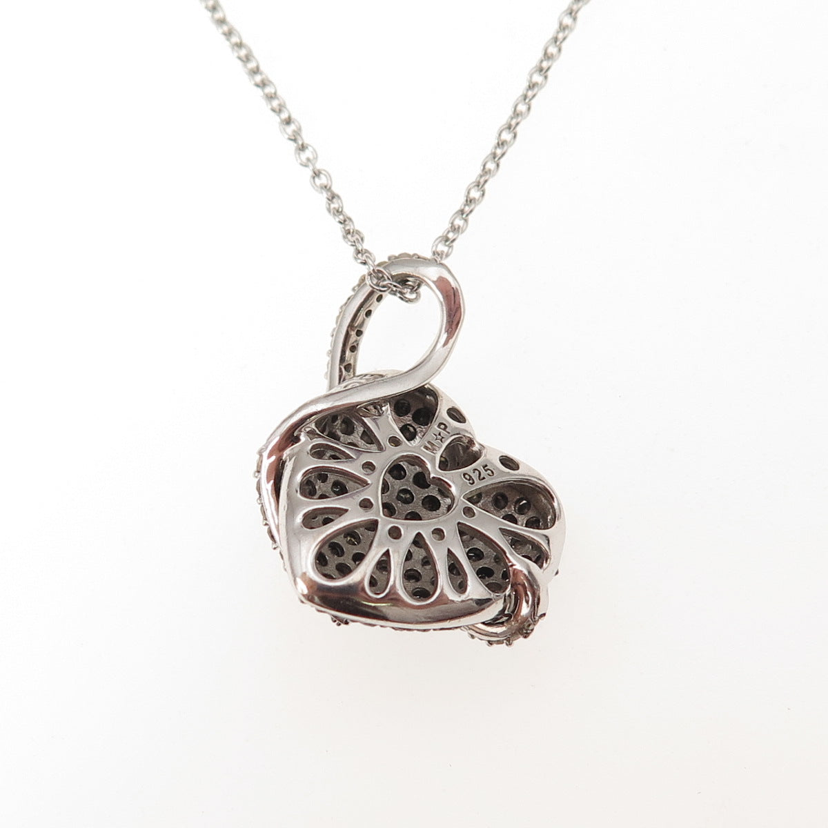 925 Sterling Silver Real Black & White Diamond Heart Cable Chain Necklace 18"