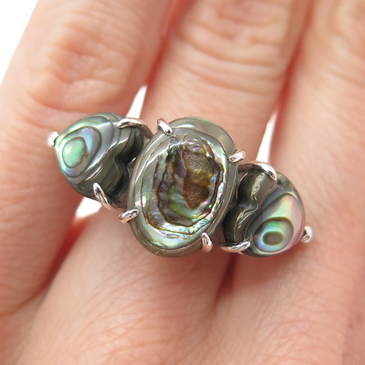 925 Sterling Silver Vintage Real Abalone Shell Modernist Ring Size 5.25