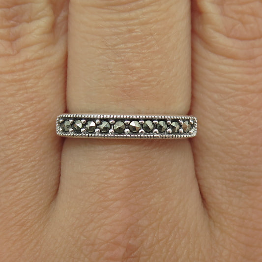 925 Sterling Silver Vintage Real Marcasite Modernist Bar Ring Size 8