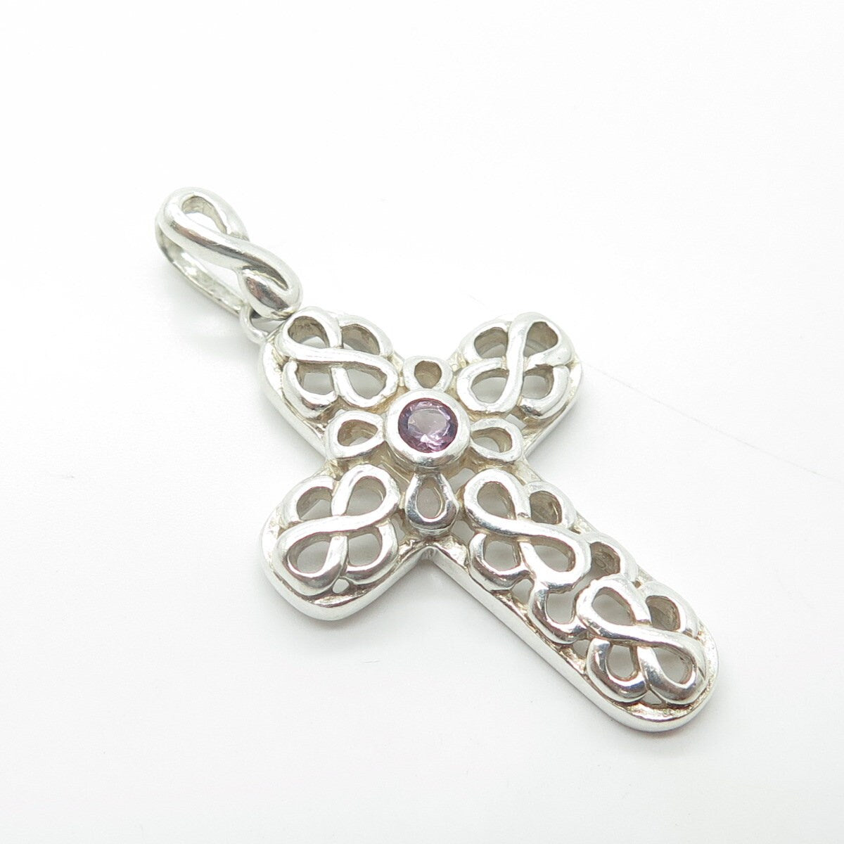 925 Sterling Silver Vintage Real Amethyst Gemstone Ornate Cross Pendant