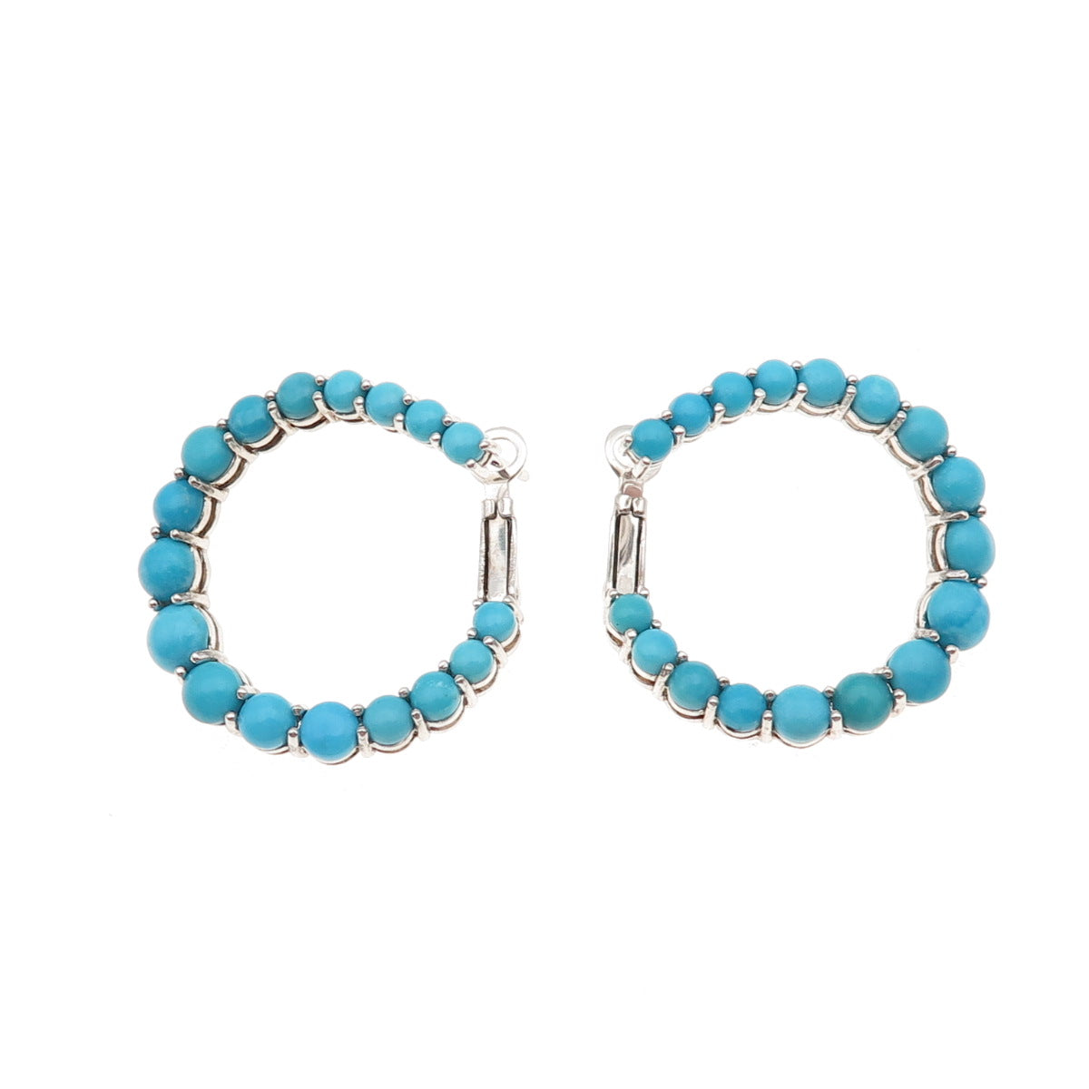 925 Sterling Silver Real Sleeping Beauty Turquoise Beaded Hoop Earrings