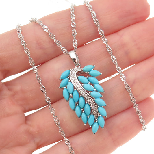 925 Sterling Silver Real Turquoise & White Topaz Floral Chain Necklace 18-20"