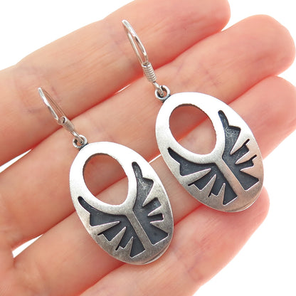 925 Sterling Silver Vintage Mexico Tribal Symbol Oxidized Dangle Earrings