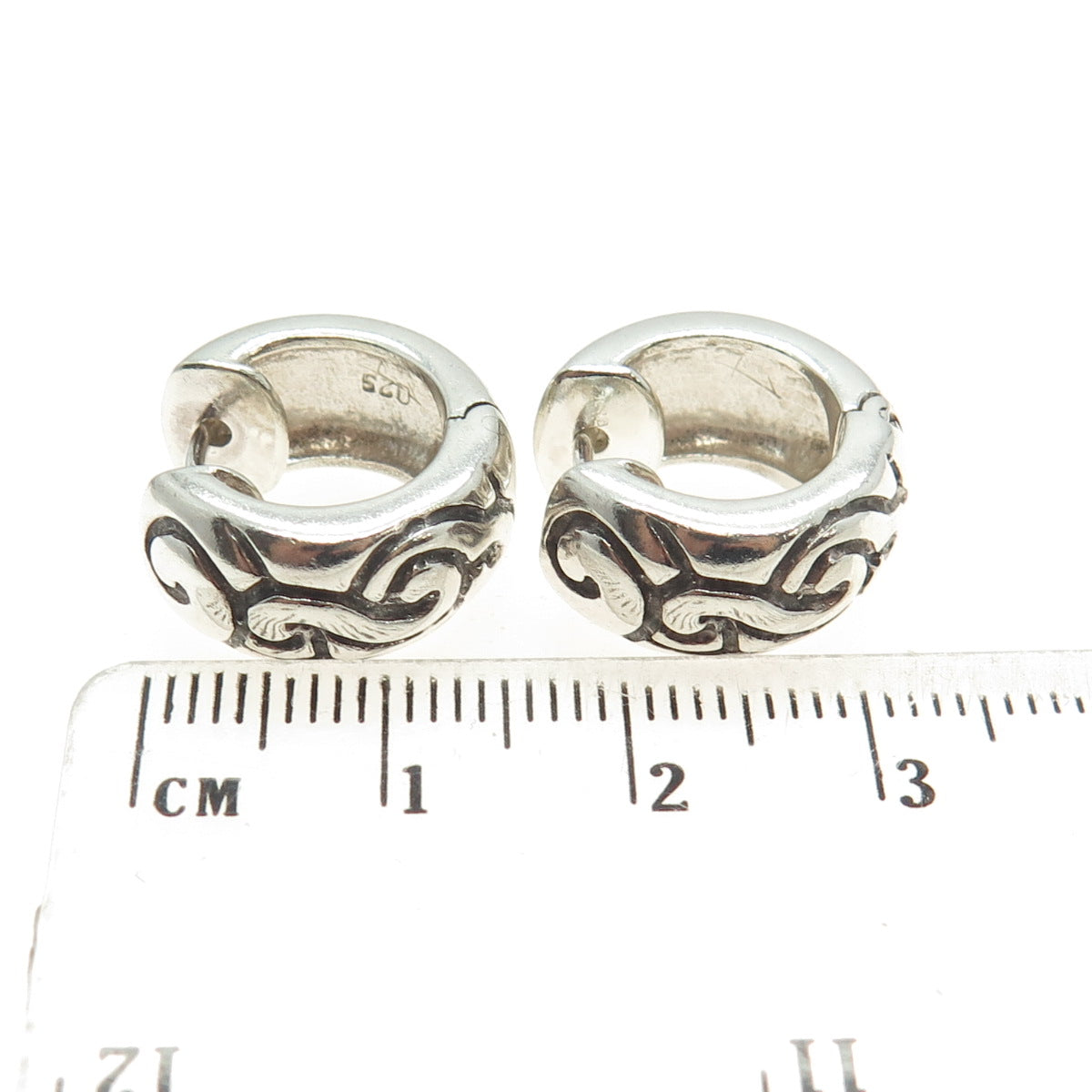 925 Sterling Silver Vintage Ornate Huggie Earrings