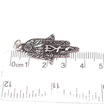925 Sterling Silver Vintage Israel Hamsa Amulet Filigree Charm Pendant