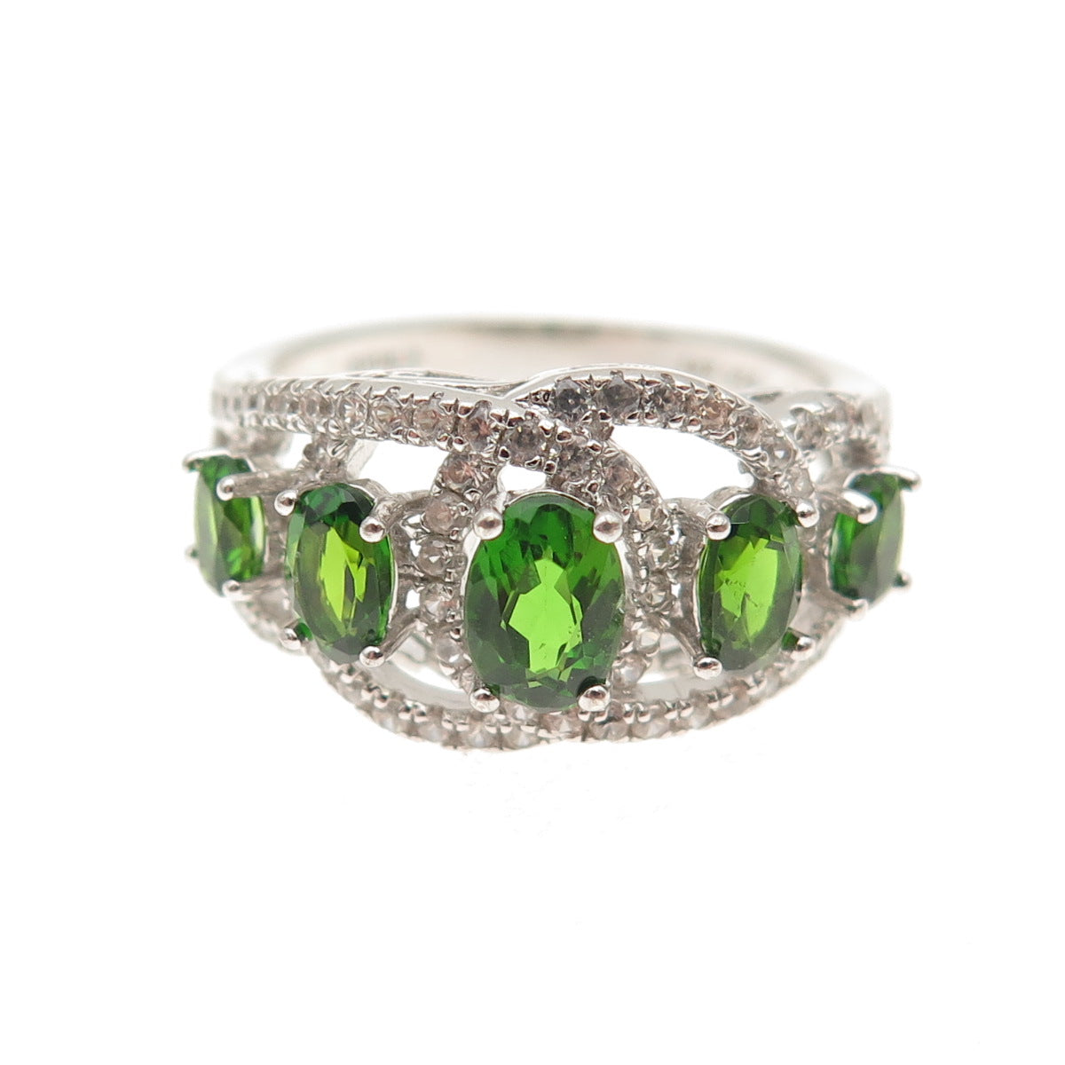 925 Sterling Silver Real Chrome Diopside & White Topaz Ring Size 7