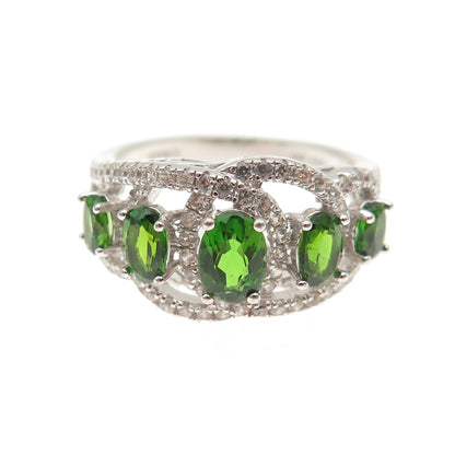 925 Sterling Silver Real Chrome Diopside & White Topaz Ring Size 7